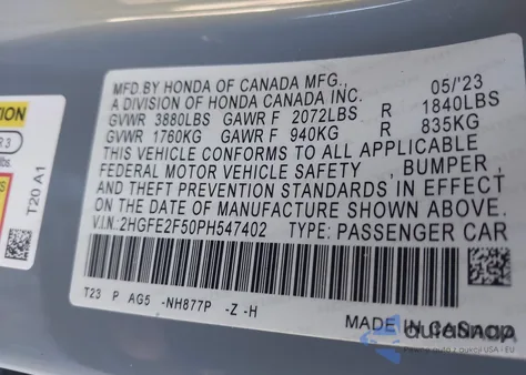 2023 Honda Civic Sport z USA, uszkodzony, nr VIN 2HGFE2F50PH547402